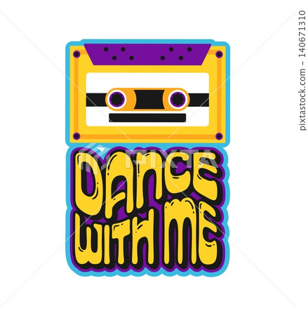 Dance with me music Y2K funky sticker or tag. Musical audio record funky vector sticker, festival concert sound label. Music melody Y2K patch or tag with cassette type and funky yellow typography Dance with me music Y2K funky sticker or tag. Musical audio record funky vector sticker, festival concert sound label. Music melody Y2K patch or tag with cassette type and funky yellow typography 140671310