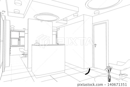 interior beauty salon contour visualization, 3D illustration, sketch, outline interior beauty salon contour visualization, 3D illustration, sketch, outline 140671351