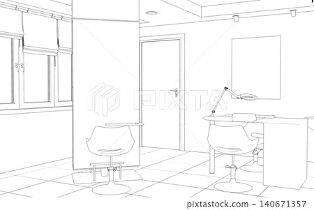 interior beauty salon contour visualization, 3D illustration, sketch, outline interior beauty salon contour visualization, 3D illustration, sketch, outline 140671357