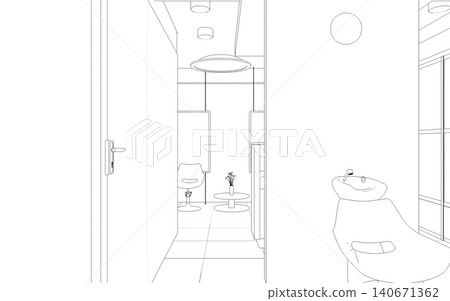 interior beauty salon contour visualization, 3D illustration, sketch, outline interior beauty salon contour visualization, 3D illustration, sketch, outline 140671362