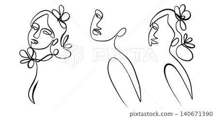 A set of abstract girls with flowers, drawn in single lines. Minimalistic A set of abstract girls with flowers, drawn in single lines. Minimalistic 140671390