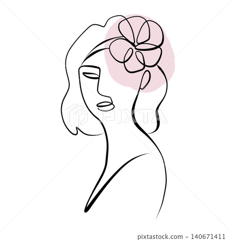 A line drawing of an abstract girl with flowers, drawn in one line. Minimalistic A line drawing of an abstract girl with flowers, drawn in one line. Minimalistic 140671411