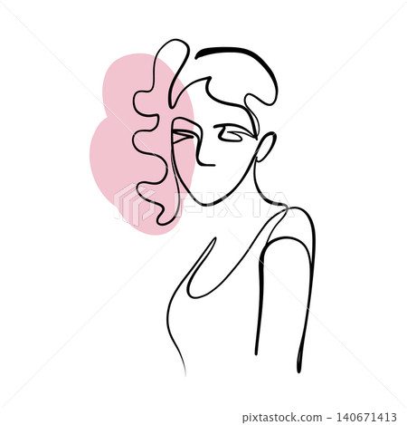 A line drawing of an abstract girl with flowers, drawn in one line. Minimalistic A line drawing of an abstract girl with flowers, drawn in one line. Minimalistic 140671413