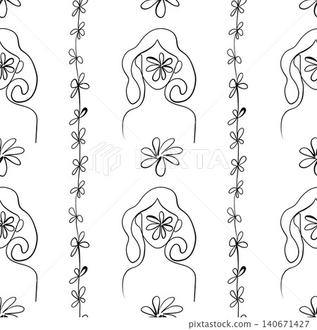Seamless pattern. Outline drawing of abstract girls with flowers. Minimalistic Seamless pattern. Outline drawing of abstract girls with flowers. Minimalistic 140671427