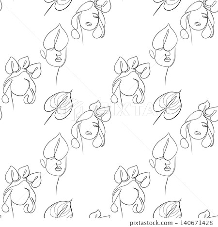 Seamless pattern. Outline drawing of abstract girls with flowers. Minimalistic Seamless pattern. Outline drawing of abstract girls with flowers. Minimalistic 140671428