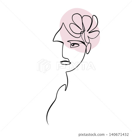 A line drawing of an abstract girl with flowers, drawn in one line. Minimalistic A line drawing of an abstract girl with flowers, drawn in one line. Minimalistic 140671432