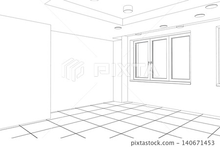 empty room, contour visualization, 3D illustration, sketch, outline empty room, contour visualization, 3D illustration, sketch, outline 140671453
