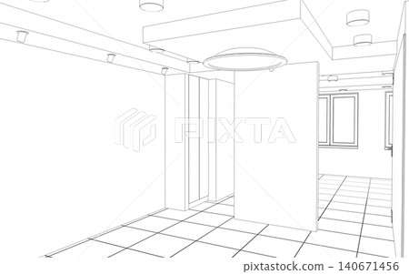 empty room, contour visualization, 3D illustration, sketch, outline empty room, contour visualization, 3D illustration, sketch, outline 140671456