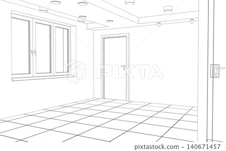 empty room, contour visualization, 3D illustration, sketch, outline empty room, contour visualization, 3D illustration, sketch, outline 140671457