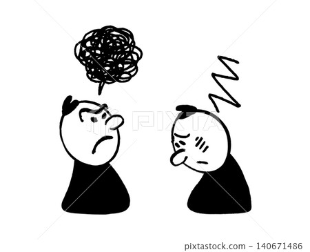 Cartoon character guilt scene with expressive faces and doodle symbols showing scolding and shame in a simple hand drawn style. Character interaction with comic effects. Cartoon character guilt scene with expressive faces and doodle symbols showing scolding and shame in a simple hand drawn style. Character interaction with comic effects. 140671486