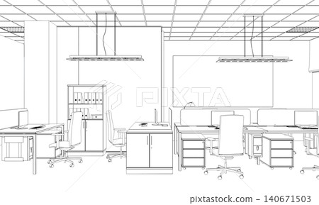 office contour visualization, 3D illustration, sketch, outline office contour visualization, 3D illustration, sketch, outline 140671503