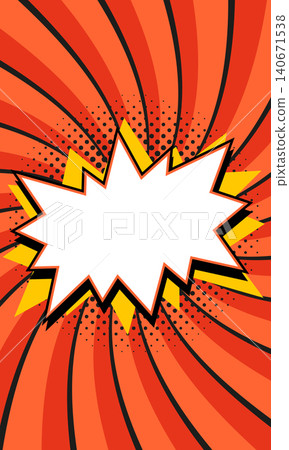 Comic starburst banner with copy space frame over vivid red and orange spiral background with halftone dots. Dynamic retro vector background for sale ads, promo flyers, discount posters 140671538