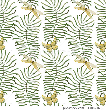 Watercolor Fern Leaves and Dragonfly Seamless Pattern, Forest Botanical Insects Digital Paper Watercolor Fern Leaves and Dragonfly Seamless Pattern, Forest Botanical Insects Digital Paper 140671613