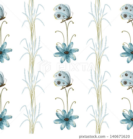 Watercolor Blue Flowers and Butterflies Seamless Pattern, Whimsical Botanical Digital Paper Watercolor Blue Flowers and Butterflies Seamless Pattern, Whimsical Botanical Digital Paper 140671620