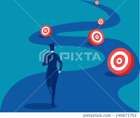 Journey to achievment. Business people sprint past one target after another Journey to achievment. Business people sprint past one target after another 140671702