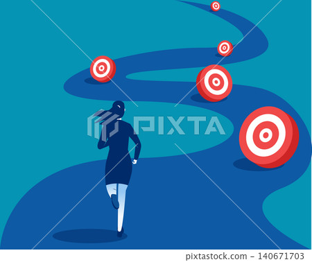 Journey to achievment. Business people sprint past one target after another Journey to achievment. Business people sprint past one target after another 140671703