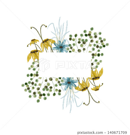 Watercolor Fern and Yellow Coneflower Split Border, Wildflower Meadow Floral Frame Watercolor Fern and Yellow Coneflower Split Border, Wildflower Meadow Floral Frame 140671709