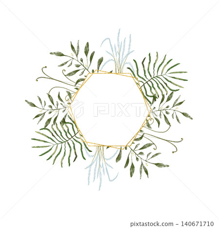 Geometric Gold Watercolor Floral Wreath, Botanical Greenery Hexagon Frame Clipart Geometric Gold Watercolor Floral Wreath, Botanical Greenery Hexagon Frame Clipart 140671710