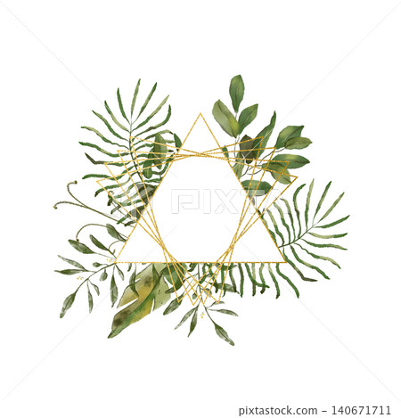 Geometric Gold Watercolor Floral Wreath, Botanical Greenery Hexagon Frame Clipart Geometric Gold Watercolor Floral Wreath, Botanical Greenery Hexagon Frame Clipart 140671711
