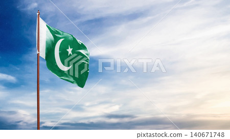The national flag of Pakistan flying high on a flagpole against a cloudy blue sky The national flag of Pakistan flying high on a flagpole against a cloudy blue sky 140671748