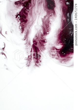 An abstract macro shot of deep red and maroon ink mixing and swirling in a white fluid, creating beautiful fluid patterns, bubbles, and textures with copy space at the bottom An abstract macro shot of deep red and maroon ink mixing and swirling in a white fluid, creating beautiful fluid patterns, bubbles, and textures with copy space at the bottom 140671774