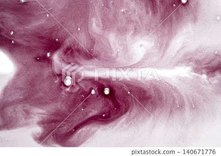 An abstract background featuring swirls of maroon red fluid paint mixing with white liquid and showing small bubble details An abstract background featuring swirls of maroon red fluid paint mixing with white liquid and showing small bubble details 140671776