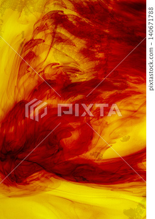 Abstract macro shot of red ink diffusing and swirling in yellow water, creating a fiery fluid effect Abstract macro shot of red ink diffusing and swirling in yellow water, creating a fiery fluid effect 140671788