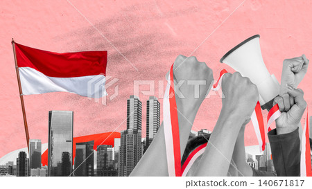 Creative collage of Indonesian national flag, raised fists, megaphone, and city skyline, symbolizing patriotism, public protest, and Independence Day celebration. Hari Kemerdekaan Dirgahayu Indonesia Creative collage of Indonesian national flag, raised fists, megaphone, and city skyline, symbolizing patriotism, public protest, and Independence Day celebration. Hari Kemerdekaan Dirgahayu Indonesia 140671817