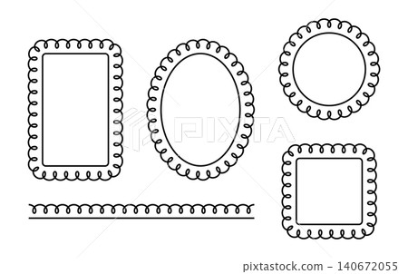 Vintage scallop border frames with frilly edges and ribbon loops. Decorative lace patterns for photo labels, stickers, tags. Retro wavy design in various shapes. Vintage scallop border frames with frilly edges and ribbon loops. Decorative lace patterns for photo labels, stickers, tags. Retro wavy design in various shapes. 140672055