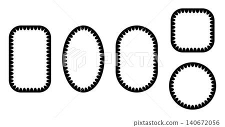 Scallop border frames with ornamental lace edges. Circle, oval, and square shapes featuring delicate wave patterns perfect for labels, tags, and decorative design elements. Scallop border frames with ornamental lace edges. Circle, oval, and square shapes featuring delicate wave patterns perfect for labels, tags, and decorative design elements. 140672056