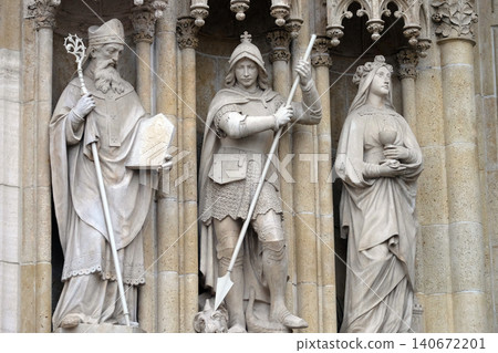 Statue of Saints Methodius, George and Barbara, portal of the Zagreb cathedral Statue of Saints Methodius, George and Barbara, portal of the Zagreb cathedral 140672201