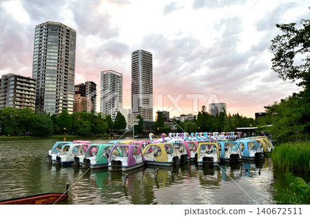 黃昏時分,不忍池上漂浮著小船。 黃昏時分,不忍池上漂浮著小船。 140672511