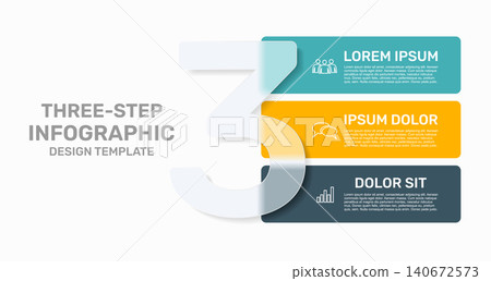 Three-step horizontal banner infographic template shaped around a large number 3 with placeholder text. Vector illustration. Three-step horizontal banner infographic template shaped around a large number 3 with placeholder text. Vector illustration. 140672573