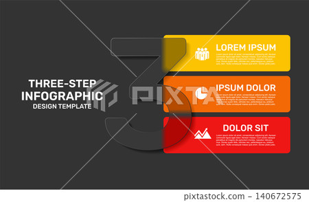 Three-step horizontal banner infographic template shaped around a large number 3 with placeholder text. Vector illustration. Three-step horizontal banner infographic template shaped around a large number 3 with placeholder text. Vector illustration. 140672575