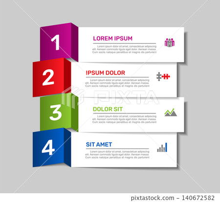 Four-step vertical banner infographic template with folded number tabs, placeholder text, business icons. Vector illustration. 140672582