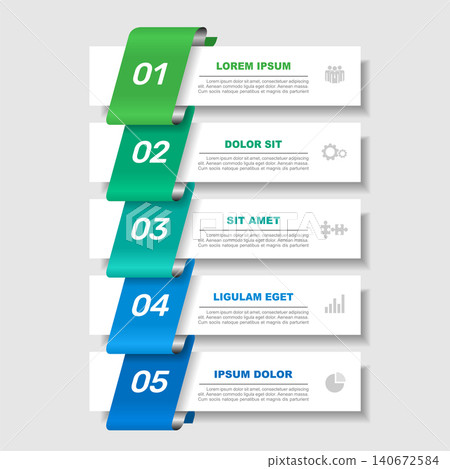 Five-step vertical banner infographic template with folded number tabs, placeholder text, business icons. Vector illustration. Five-step vertical banner infographic template with folded number tabs, placeholder text, business icons. Vector illustration. 140672584