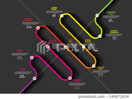 Gradient winding ribbon road timeline infographic template with placeholder text, thin line business icons. Vector illustration. Gradient winding ribbon road timeline infographic template with placeholder text, thin line business icons. Vector illustration. 140672634