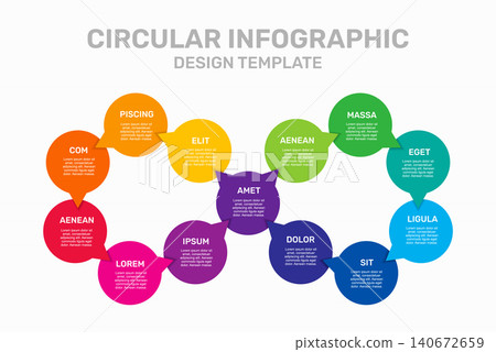 Circular business infographic template featuring thirteen colorful circle segments for steps or options. Vector illustration. Circular business infographic template featuring thirteen colorful circle segments for steps or options. Vector illustration. 140672659