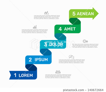Five-step continuous winding ribbon timeline infographic template with business icons. Vector illustration. Five-step continuous winding ribbon timeline infographic template with business icons. Vector illustration. 140672664
