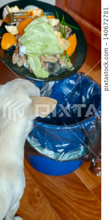 Light-colored dog observing a person discarding food scraps into a blue trash bin with a wooden floor visible in the background Light-colored dog observing a person discarding food scraps into a blue trash bin with a wooden floor visible in the background 140672781
