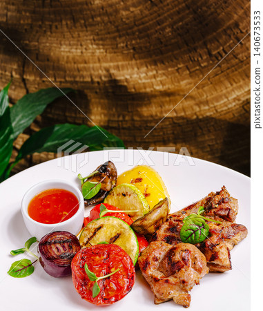 Grilled meat and vegetables with dipping sauce on white plate Grilled meat and vegetables with dipping sauce on white plate 140673533