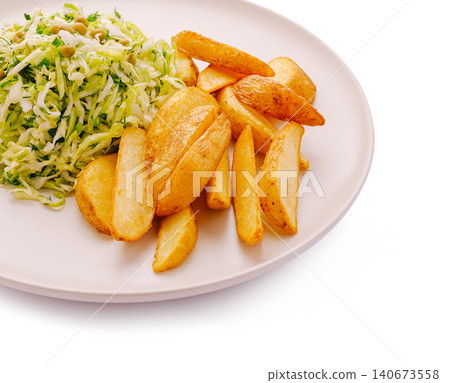 Potato wedges and coleslaw salad on white plate Potato wedges and coleslaw salad on white plate 140673558