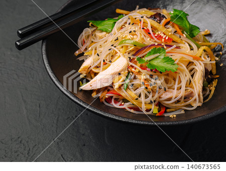 Glass noodle salad with chicken, vegetables, and sesame seeds Glass noodle salad with chicken, vegetables, and sesame seeds 140673565