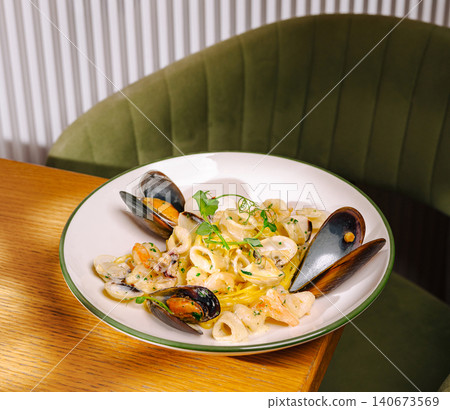 Delicious seafood pasta linguine with mussels and shrimp Delicious seafood pasta linguine with mussels and shrimp 140673569