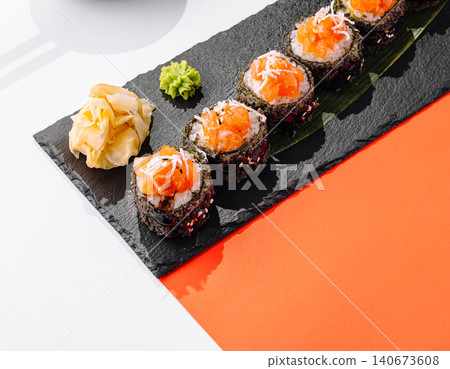 Sushi rolls with salmon, wasabi, ginger on slate Sushi rolls with salmon, wasabi, ginger on slate 140673608