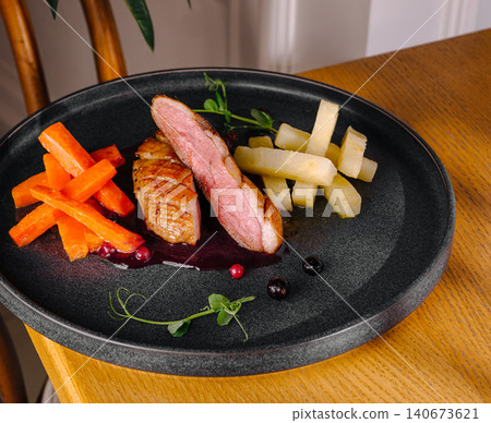 Duck breast with roasted carrots and parsnips Duck breast with roasted carrots and parsnips 140673621