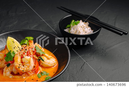 Thai red curry shrimp bowl with jasmine rice and chopsticks Thai red curry shrimp bowl with jasmine rice and chopsticks 140673696