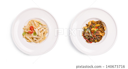Italian penne pasta and asian soba noodles dishes 140673716