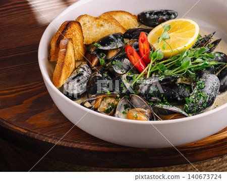 Black mussels in white wine sauce with lemon and bread 140673724