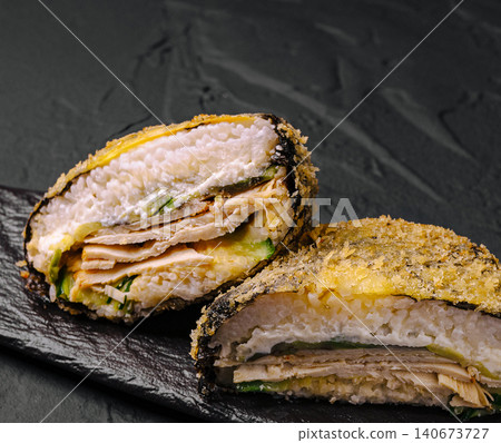 Fried sushi sandwich with chicken and vegetables Fried sushi sandwich with chicken and vegetables 140673727